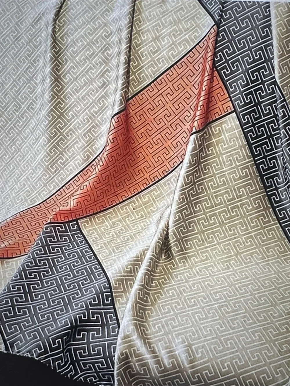 Geometric Pattern Silk-Look Wrap Scarf in Cream, Black & Orange